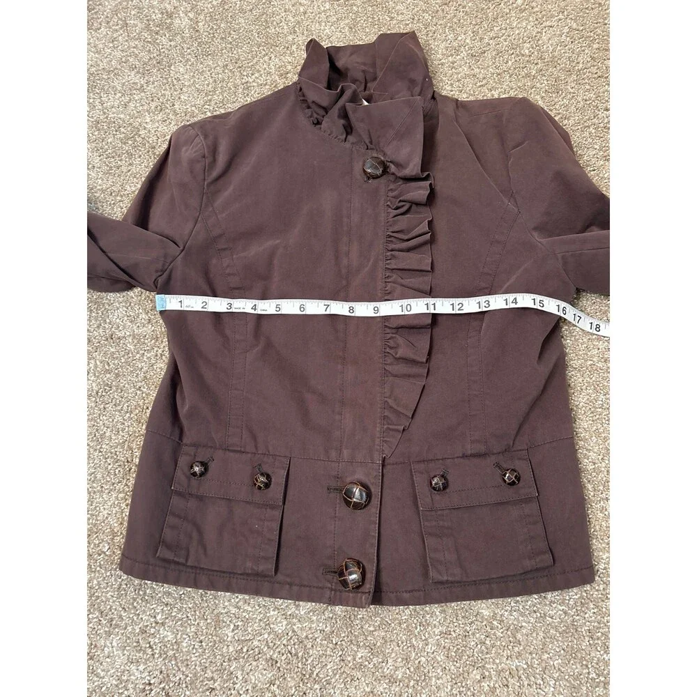 Anthropologie ELEVENSES Jacket Womens Brown Ruffle Zipper Button Lined SZ 8 - Picture 4 of 6